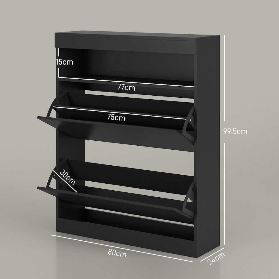 image 1 of HOMCOM Narrow Shoe Cabinet, Wall Mounted or Freestanding Shoe Storage Cabinet with 2 Flip Drawers and Open Shelf for 12-16 Pairs of Shoes for Entryway, High Gloss Black