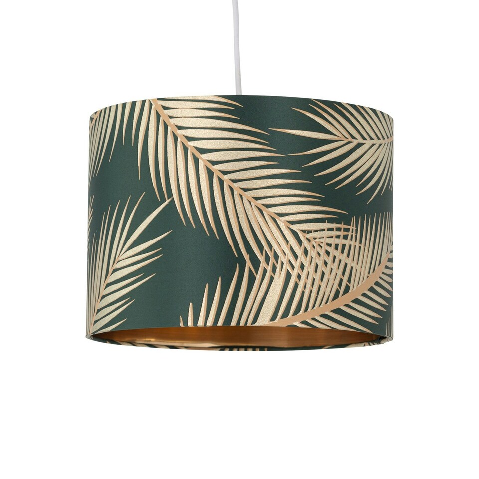 image 1 of First Choice Lighting Tropica Dark Green with Gold Embossed Leaf Detail 25cm Ceiling Pendant or Table Lamp Shade Green