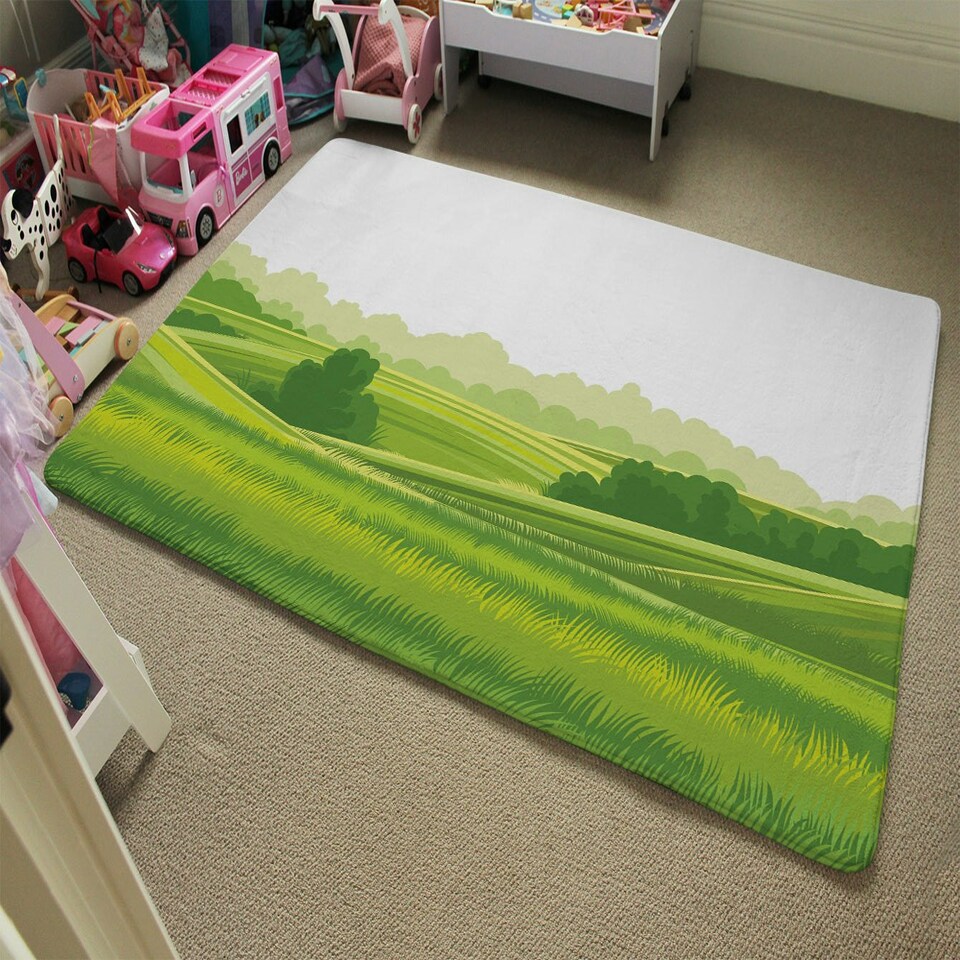 image 1 of countryside landscape illustration (Rug) Green | L