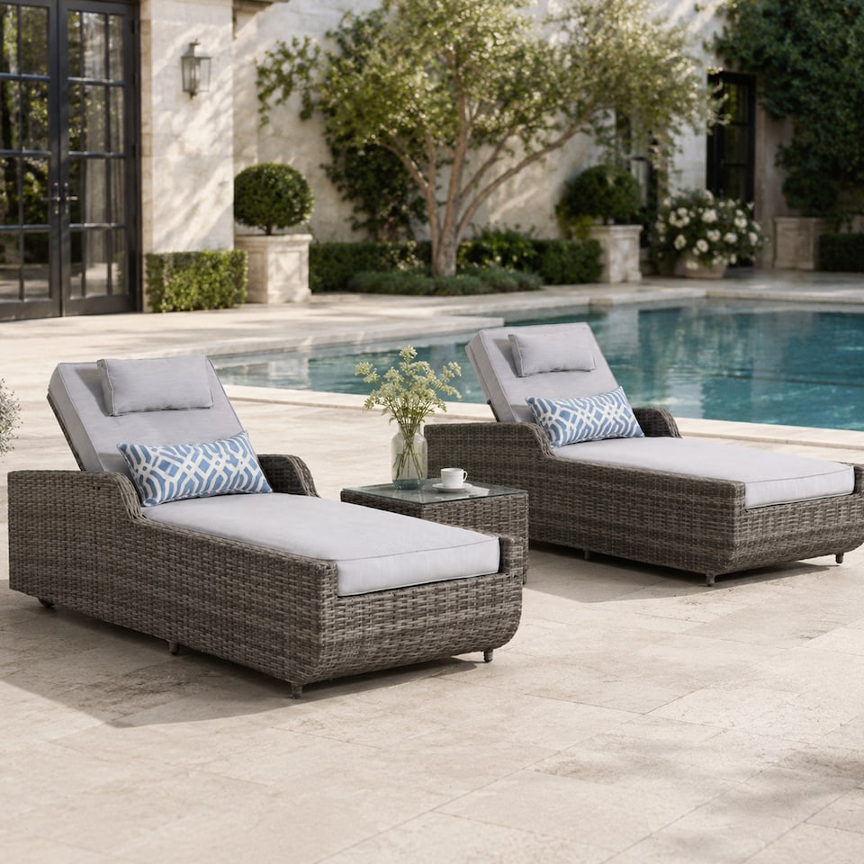 image 1 of Direct Wicker Adjustable Sun Lounge with Side Table – 5‑Position Recliner and Glass‑Top Side Table