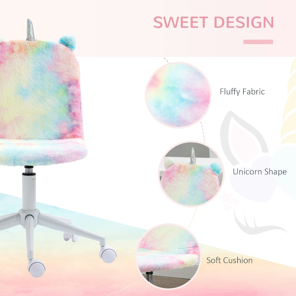 image 1 of Vinsetto Fluffy Unicorn Office Chair w/ Swivel Wheel, Cute Desk Chair, Rainbow
