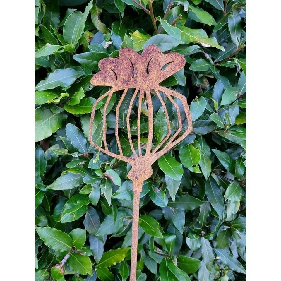 image 1 of 3 Feet Poppy Seed Head Plant Pin Garden Art (Pack of 3) - Bare Metal/Ready to Rust