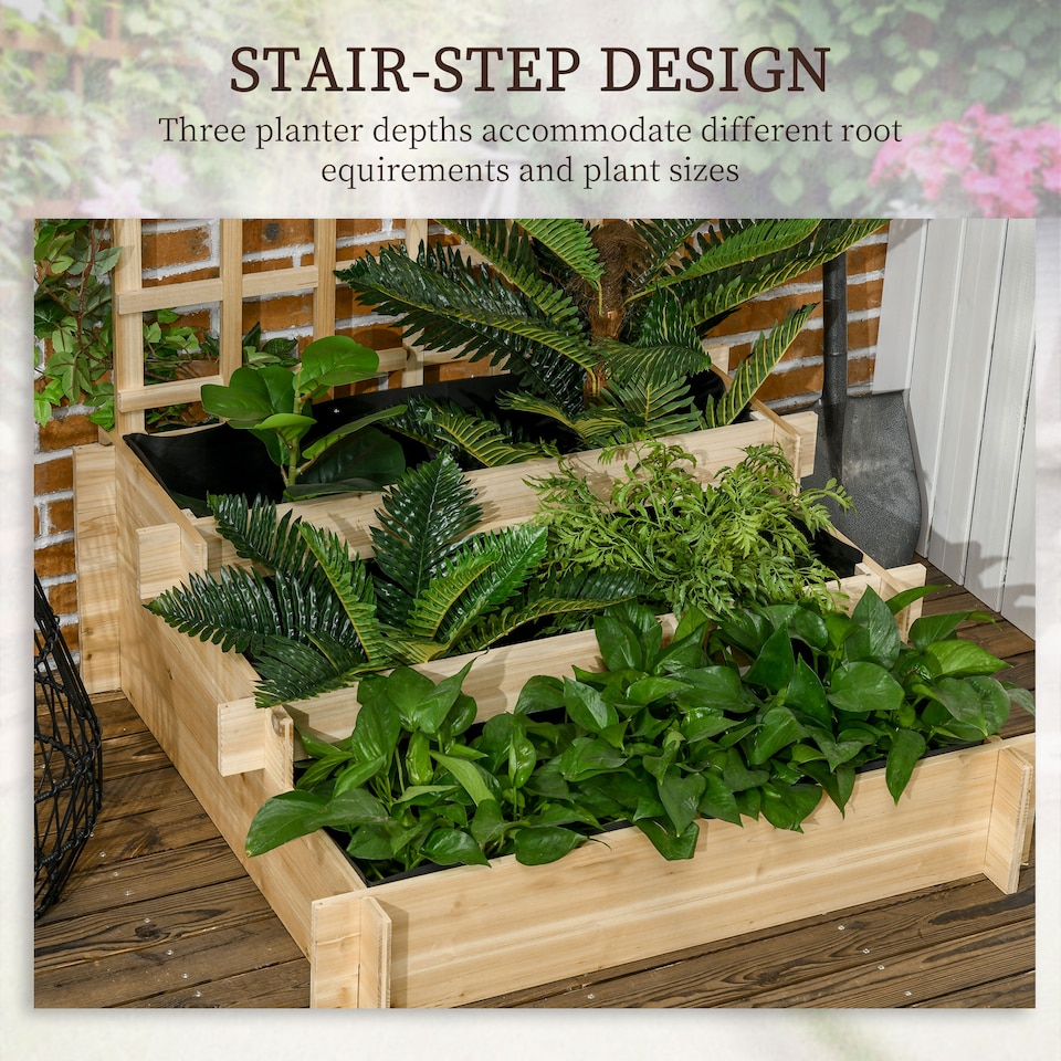 image 1 of Outsunny 3 Tier Wooden Garden Planters with Trellis for Vine Climbing Plants