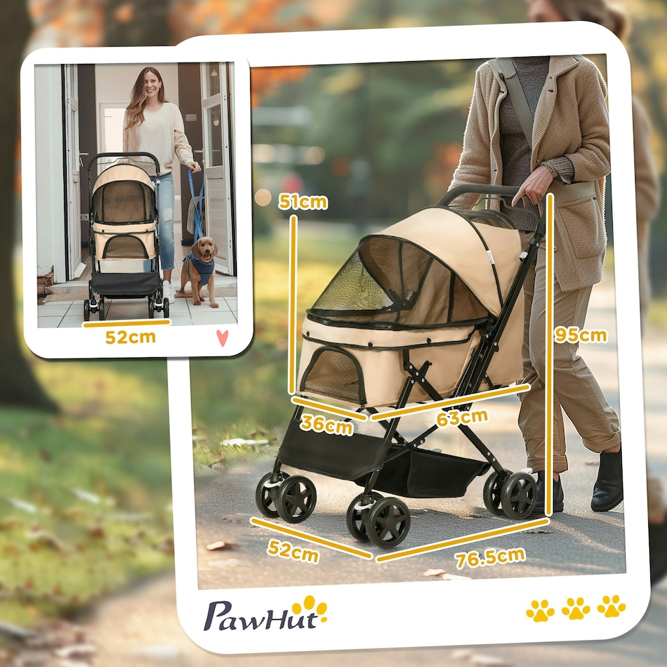 image 1 of PawHut Pet Stroller Dog Foldable Travel Carriage with Reversible Handle, Brown
