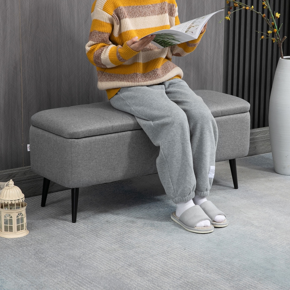 image 1 of HOMCOM Storage Ottoman Bench, Linen Fabric Footstool with Steel Legs Grey