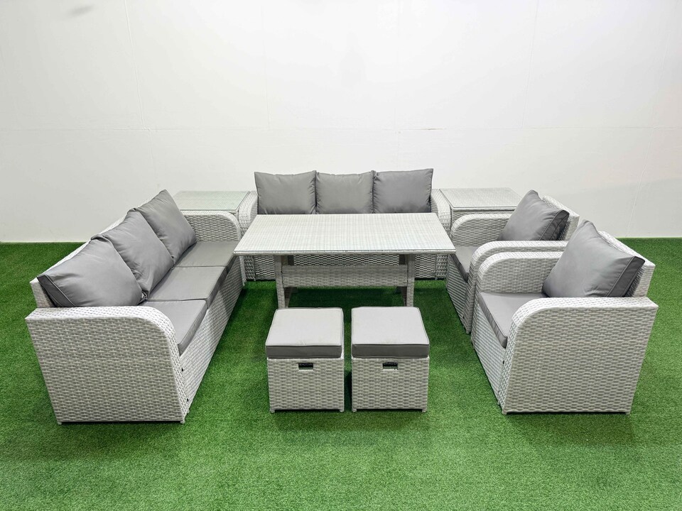 image 1 of Fimous PE Rattan High Back Lounge Sofa Set Patio Rectangular Dining Table & Chairs Set with 3 Seater Sofa Reclining Chair Stools 2 Side Table Light Grey