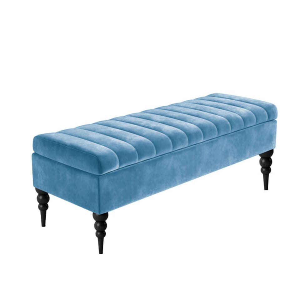 image 1 of 137cm Sierra Striped Ottoman Storage Bench with Black Turned Wooden Legs - Duck Egg Plush Velvet Upholstered Shoes Bench