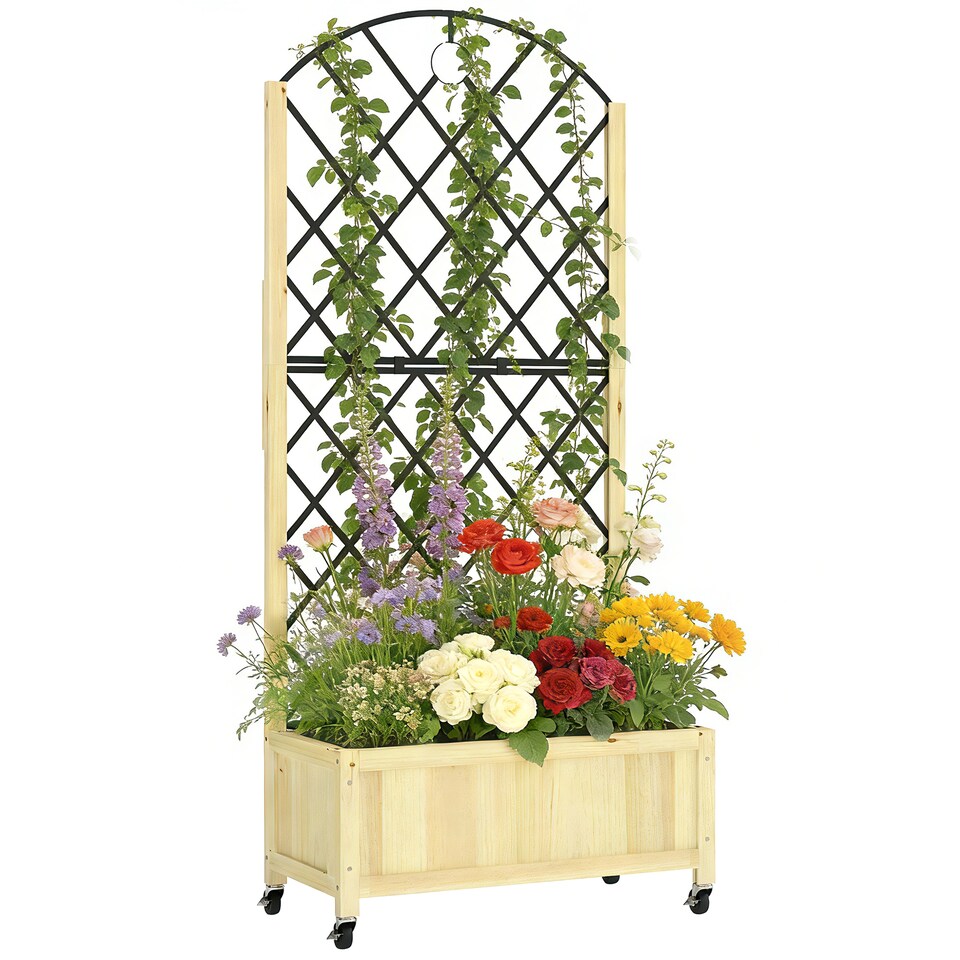 image 1 of Outsunny Garden Bed w/Metal Trellis, Wooden Elevated Planter Box, Natural | Brown | Natural wood | 72W x 36D x 168H cm
