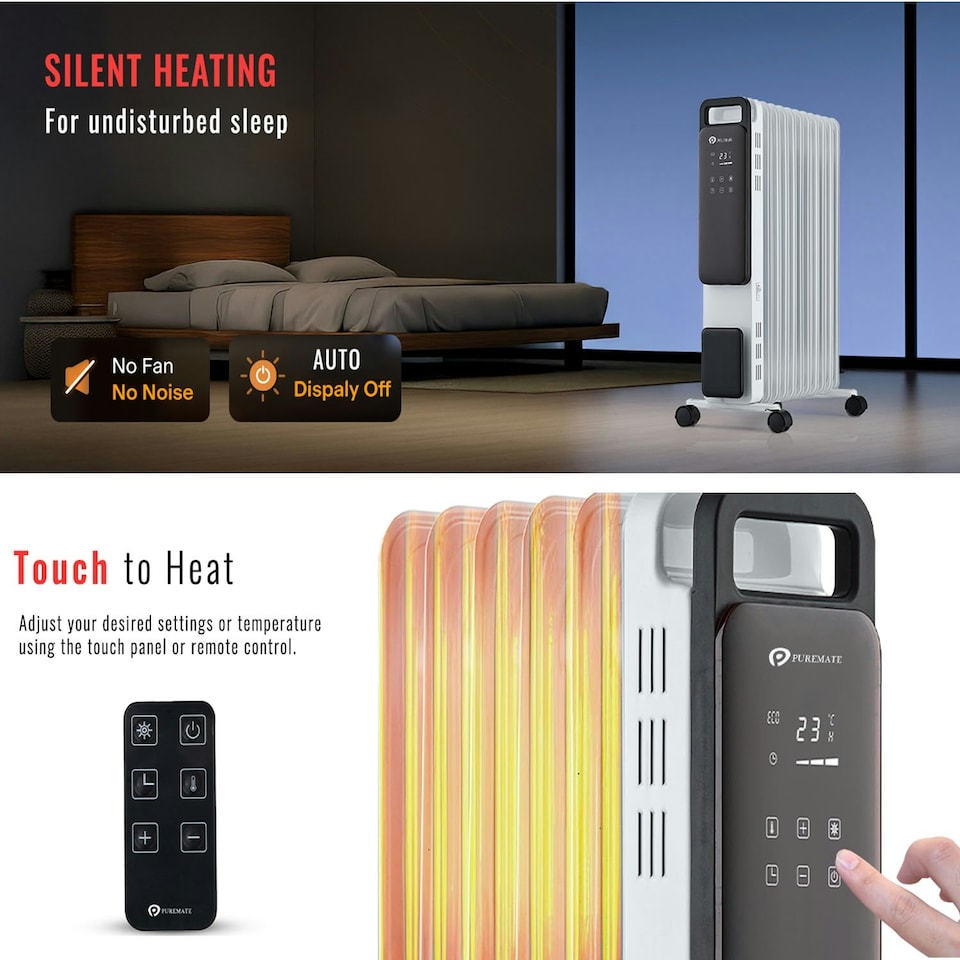 image 1 of PureMate 2500W Oil Filled Radiator, 11-Fin Portable Heater with Digital Thermostat, 24h Timer, ECO Mode & Touch Control