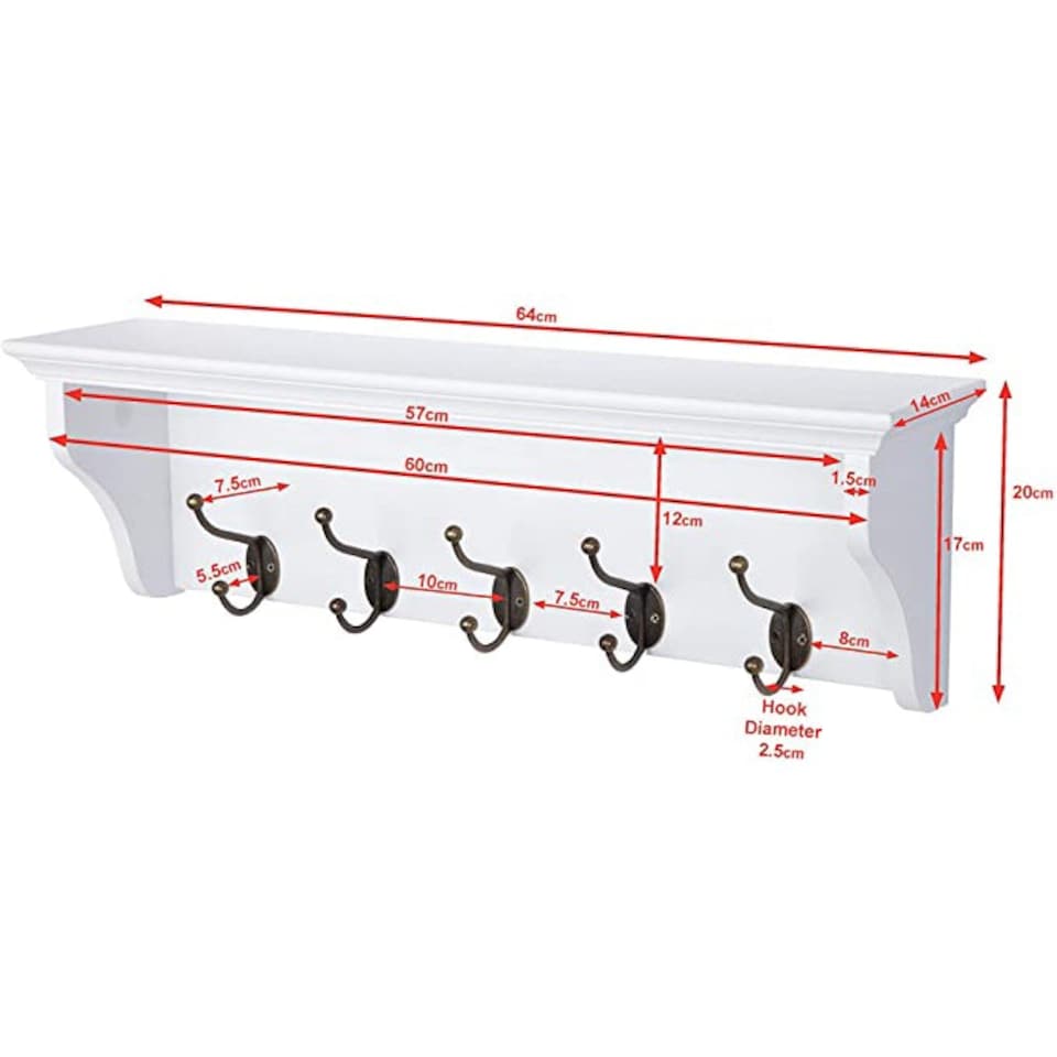 image 1 of Elegant Brands Richmond Wall-Mounted Coat Rack with 5 Hooks and Shelf White | S