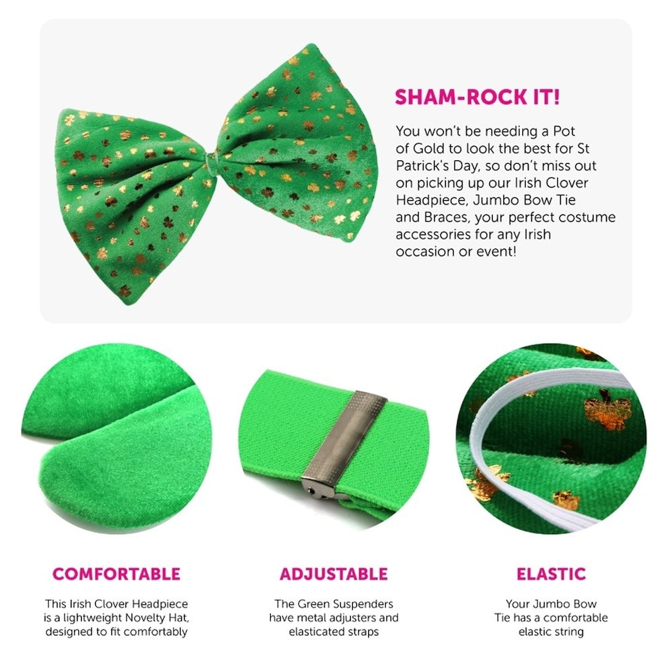 image 1 of Pack of 1 Irish Clover Hat Bow Tie + Braces Green | One Size