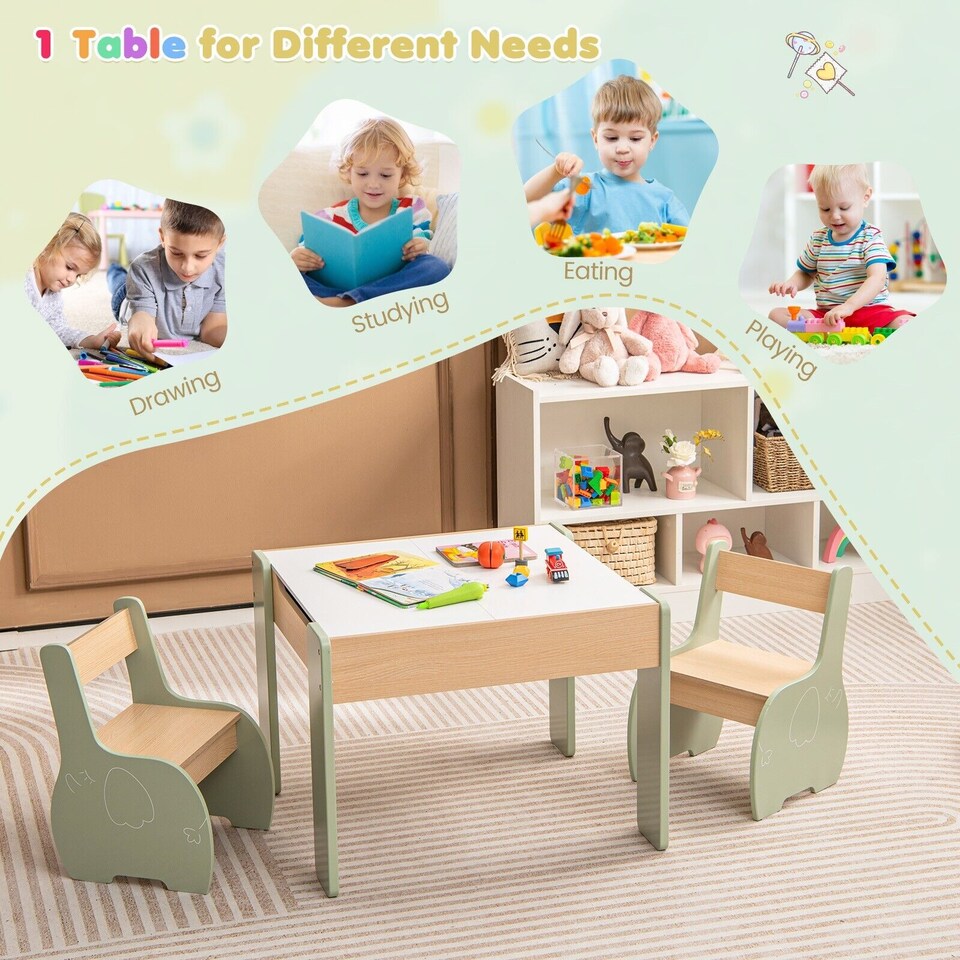 image 1 of COSTWAY Wooden Kids Table and Chair Set with Storage Green