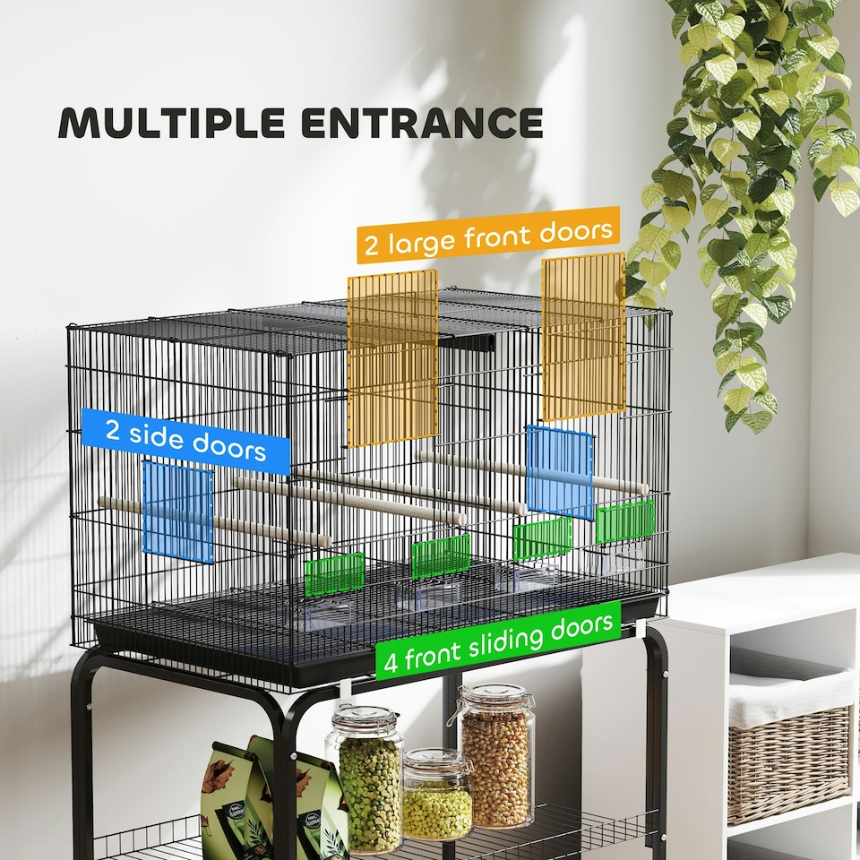 image 1 of PawHut Bird Cage with Divider, 4 Wooden Perches, Slide Out Tray, Black
