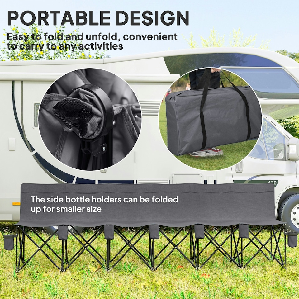 image 1 of Outsunny 6 Seater Folding Bench Camping Chair with Cup Holder, Charcoal Grey Grey | Charcoal grey