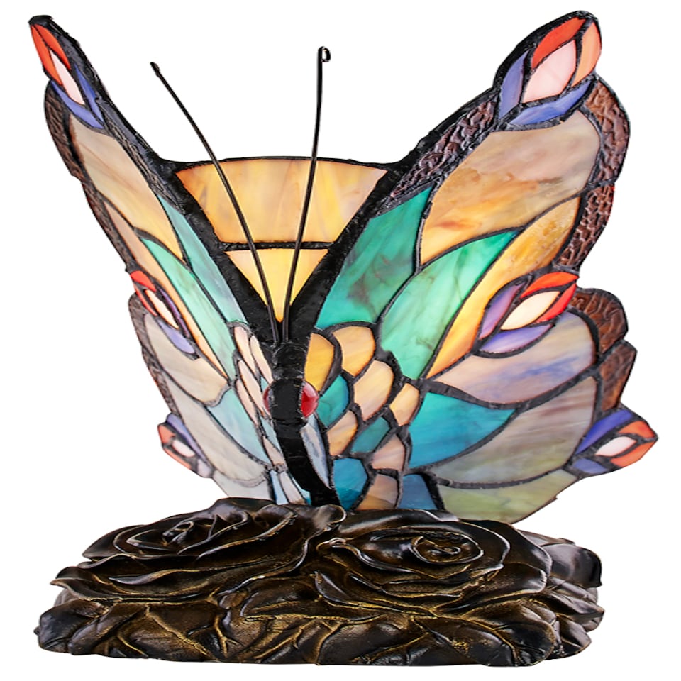 image 1 of Beautiful Handmade Multi-Coloured Glass Butterfly Tiffany Lamp with Bronze Base | Multi