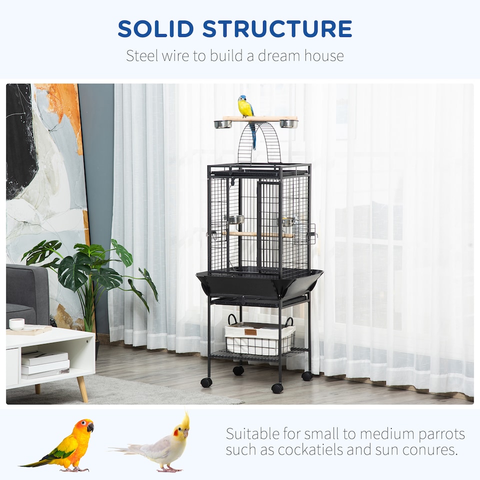 image 1 of PawHut 156cm Bird Cage,Large Parrot Cage with Open Play Top, Perch, Seed Guard, Wheels, Storage Shelf for Budgie, Cockatiel, Conure, Lovebird, Dark Grey