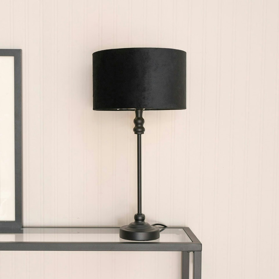 image 1 of ValueLights Maggie Black Candlestick Table Lamp with Black Velvet and Gold Inner Lamp Shade and LED Bulb Black