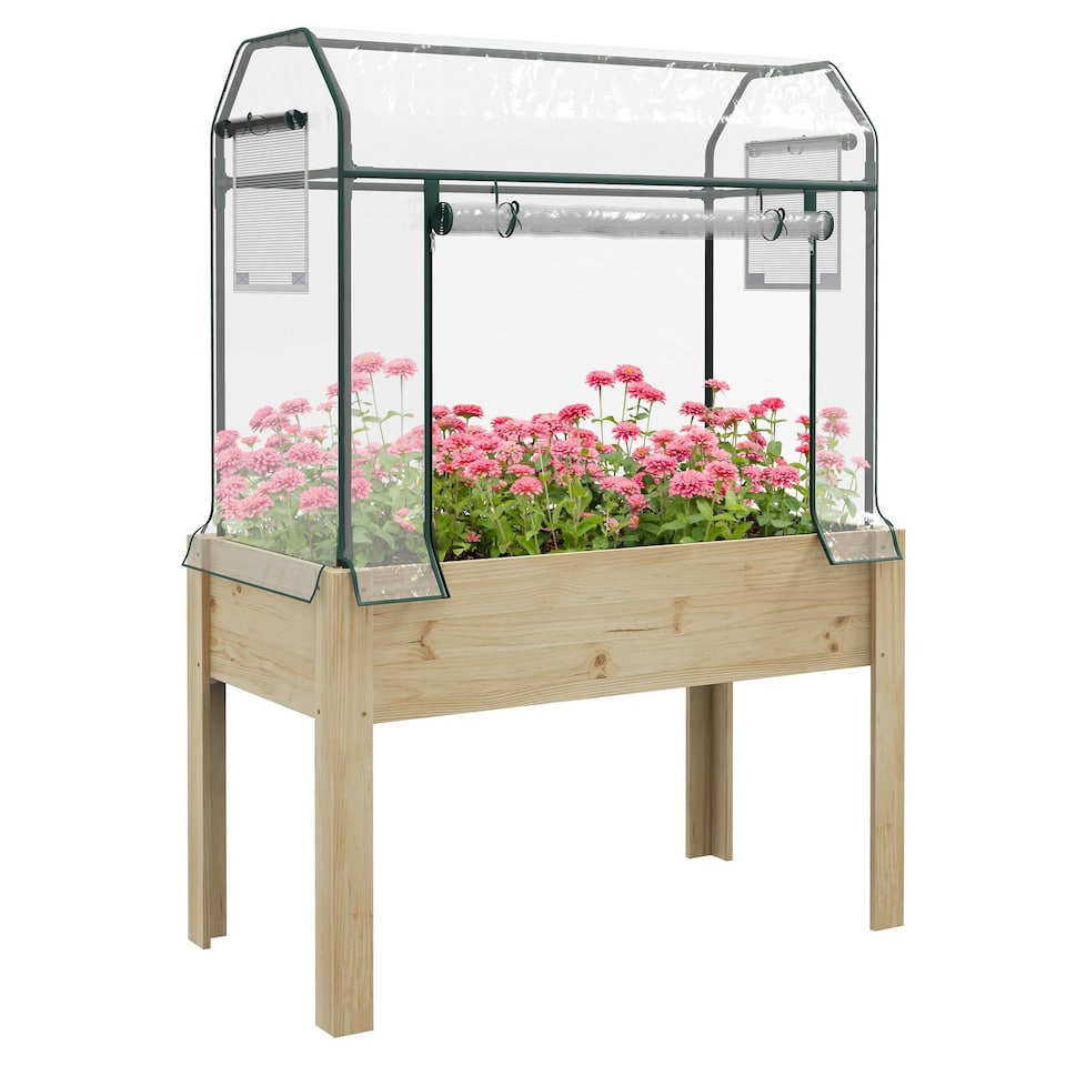 image 1 of Outsunny Wooden Raised Planter, Garden Bed with Greenhouse Cover and Bed Liner