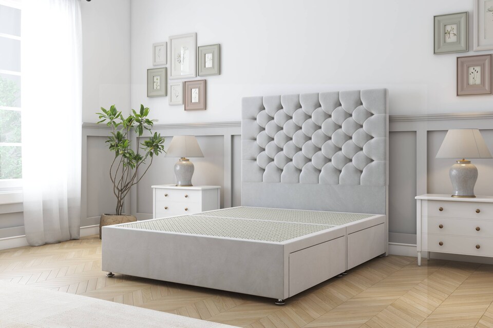 image 1 of Sloomy Mayfair Silver Plush Divan Bed Base 4 Drawers With 26 Inch Strutted Headboard | Silver | Silver | King | 1