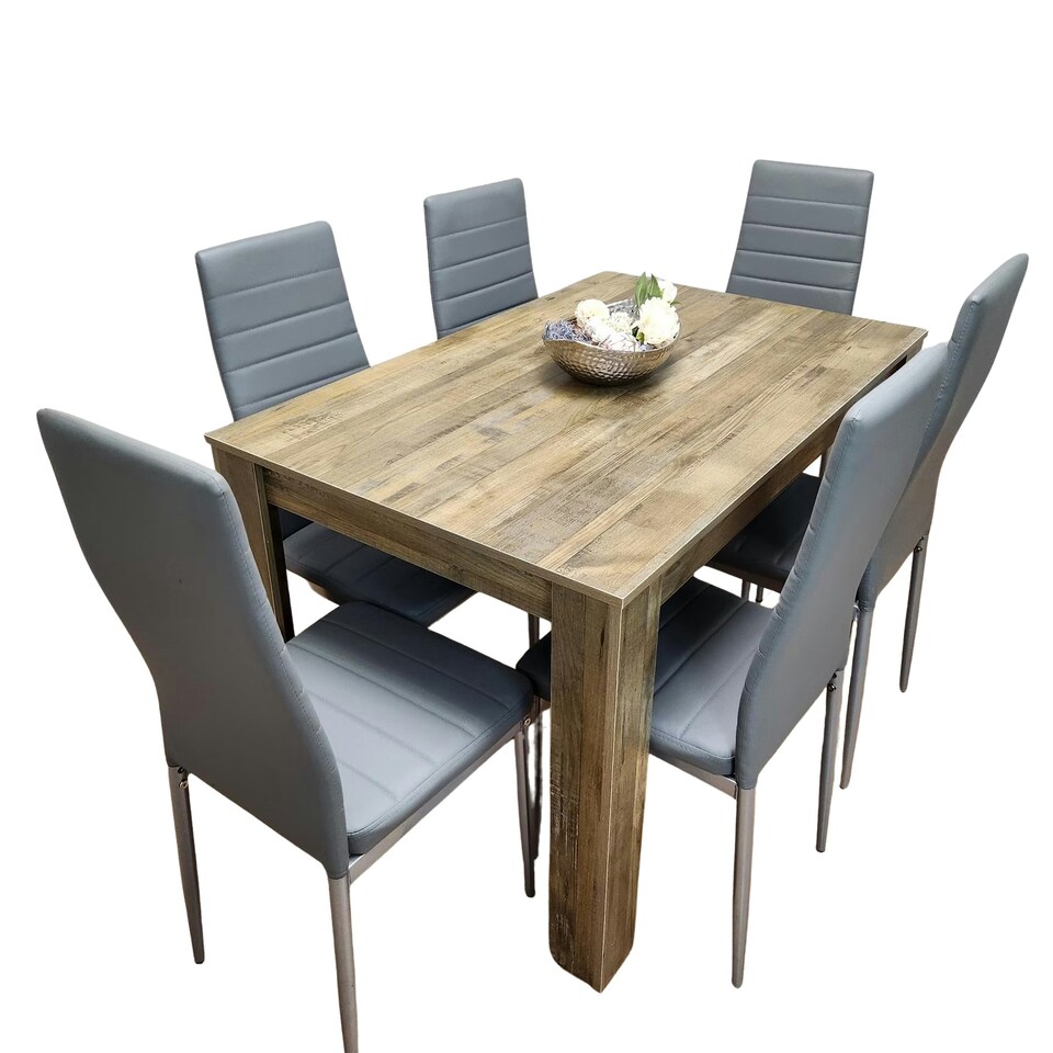 image 1 of Dining Table and 6 Chairs Rustic Effect Wood Table 6 Grey Leather Chairs Dining Room Brown