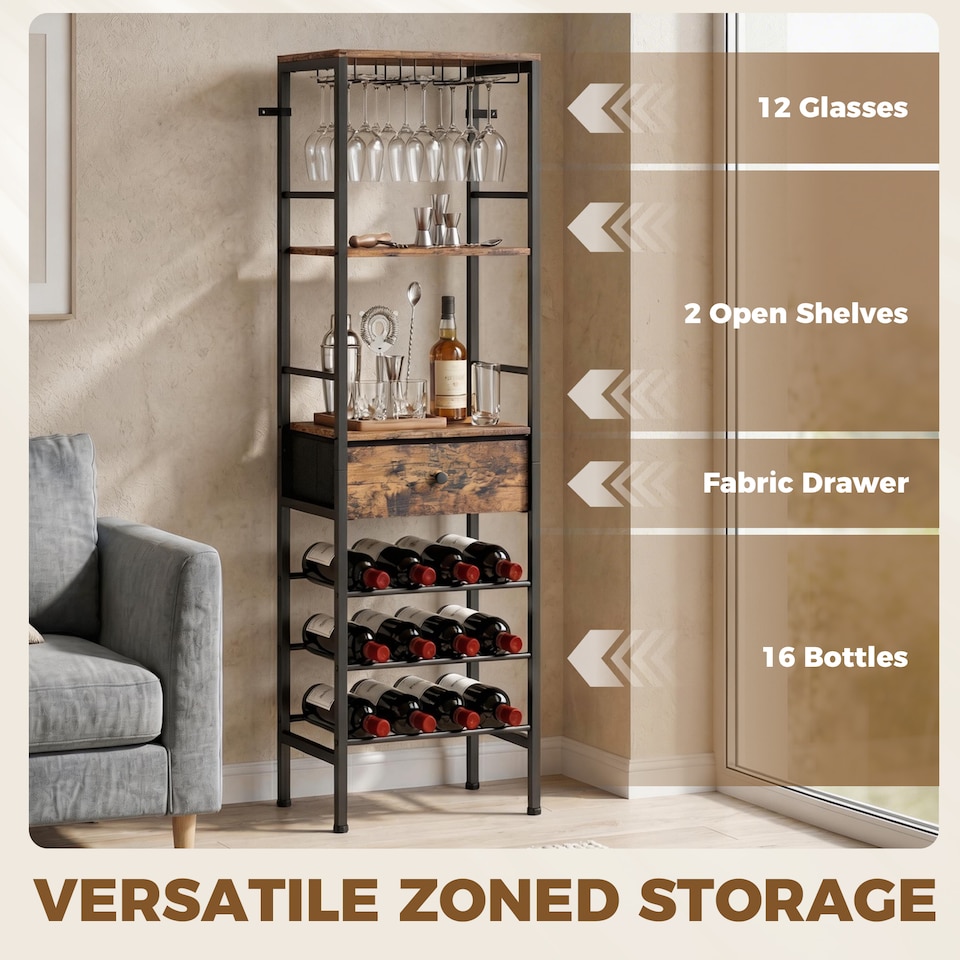 image 1 of HOMCOM Wine Bar Cabinet 16-Bottle Wine Rack Rustic Brown