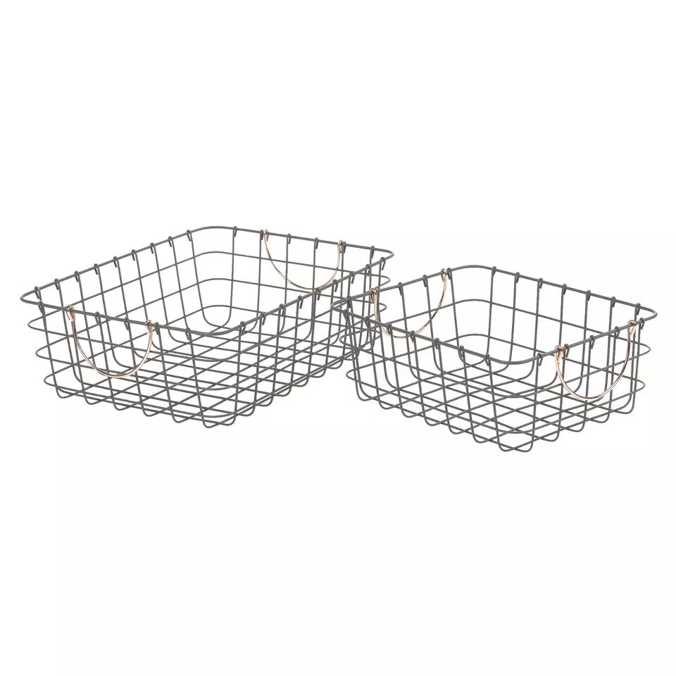 image 1 of 2-PC Rectangular Metal Wire Basket with Copper Handles