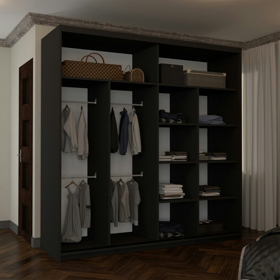 image 1 of Spacious 203cm Sliding Wardrobe with Paneled Mirror Doors & Votan Strip | Adjustable Interior | White, Black, Grey, Oak Black | Black203cm