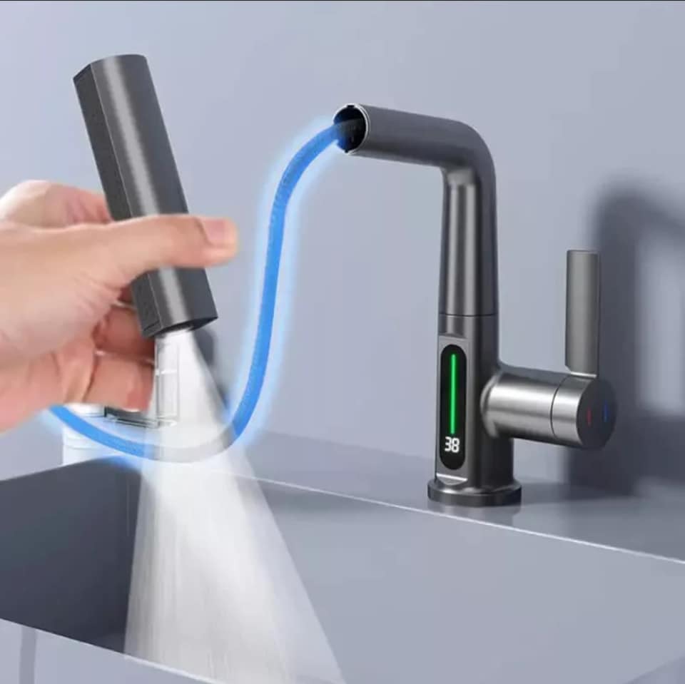 image 1 of Ener J Modern Waterfall Basin Faucet Pull Out Sprayer LED Display Black