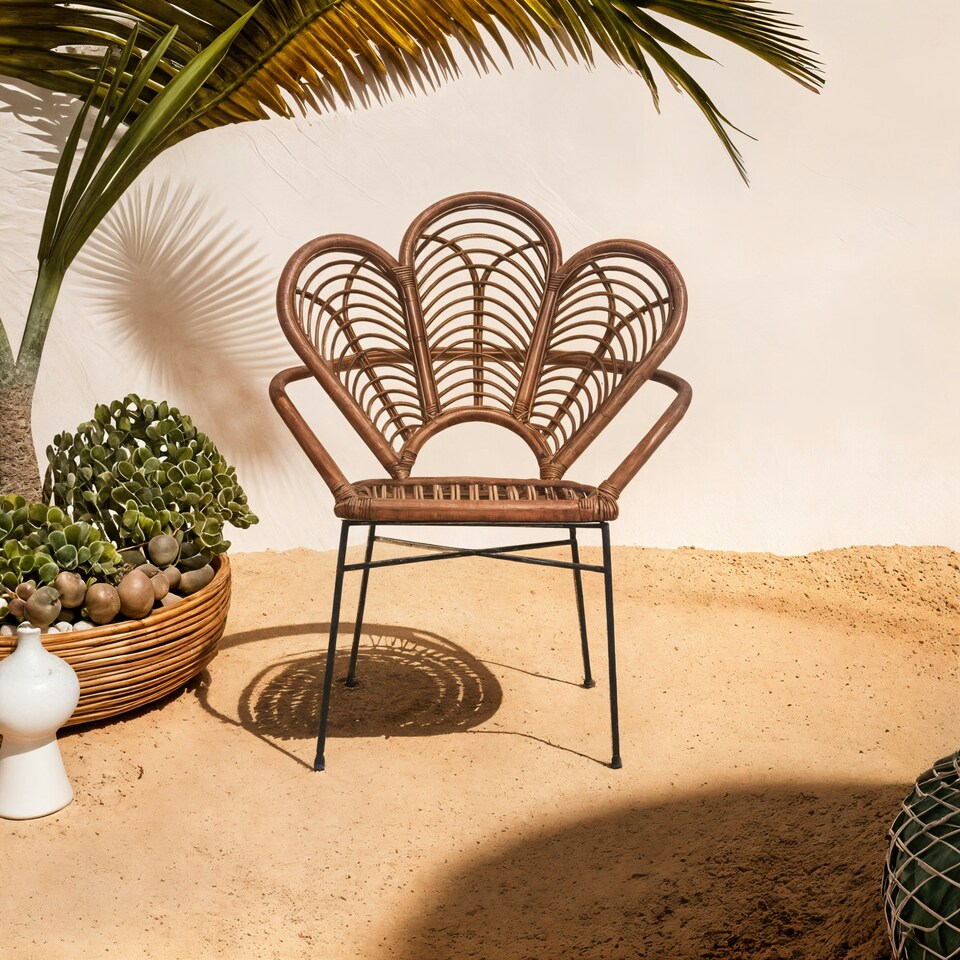 image 1 of Interiors by Premier Brown Natural Rattan Chair with Petal Designed Back, Rattan Dining Chair, Rattan Outdoor Chair for Garden Brown