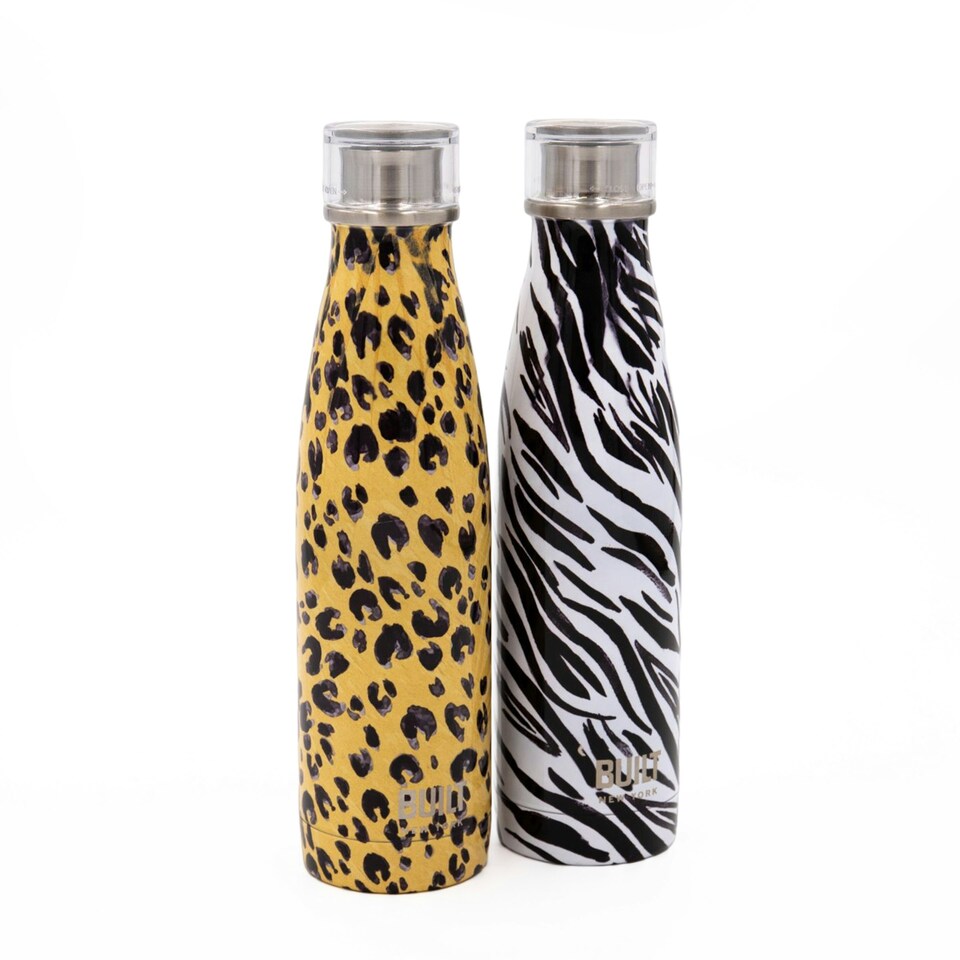 image 1 of BUILT Hydration Set with Two 500 ml Double Walled Stainless Steel Water Bottles - Leopard and Zebra Multi | ONE SIZE