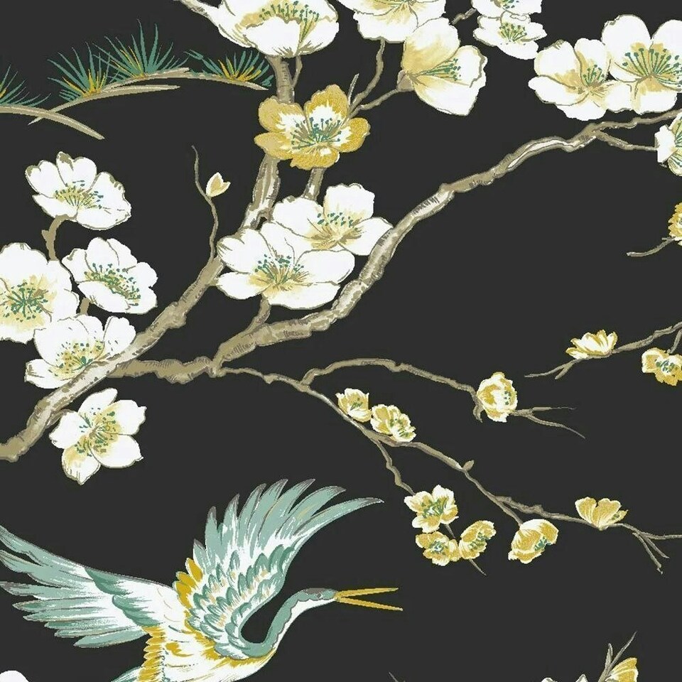 image 1 of Transform Peel & Stick Oriental Heron Floral Black Self-Adhesive Wallpaper Black | White
