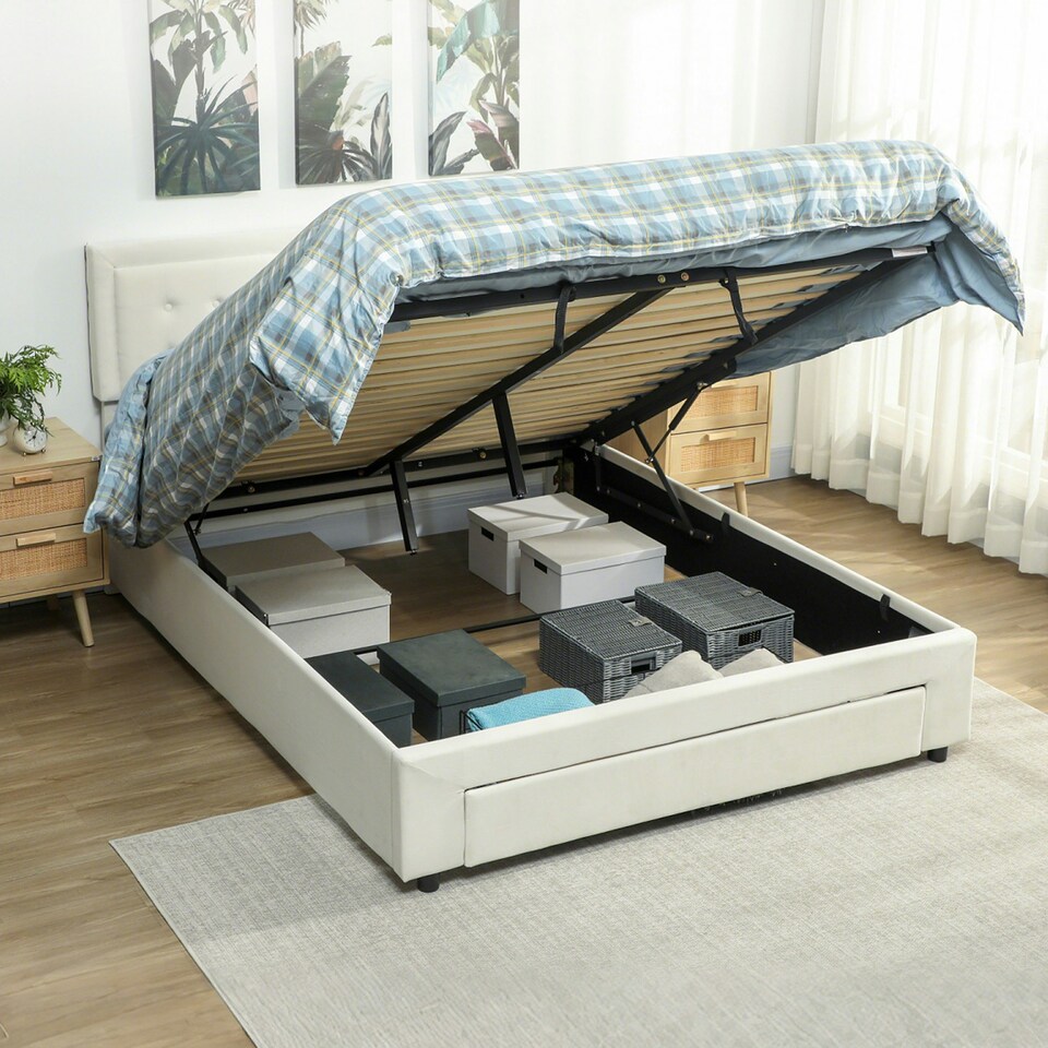 image 1 of HOMCOM King Size Bed Frame with Storage and Adjustable Headboard, Cream