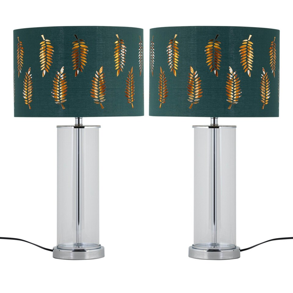 image 1 of Set of 2 Aura - Chrome Table Lamps with Green Fern Cut Out Shades Chrome | Green