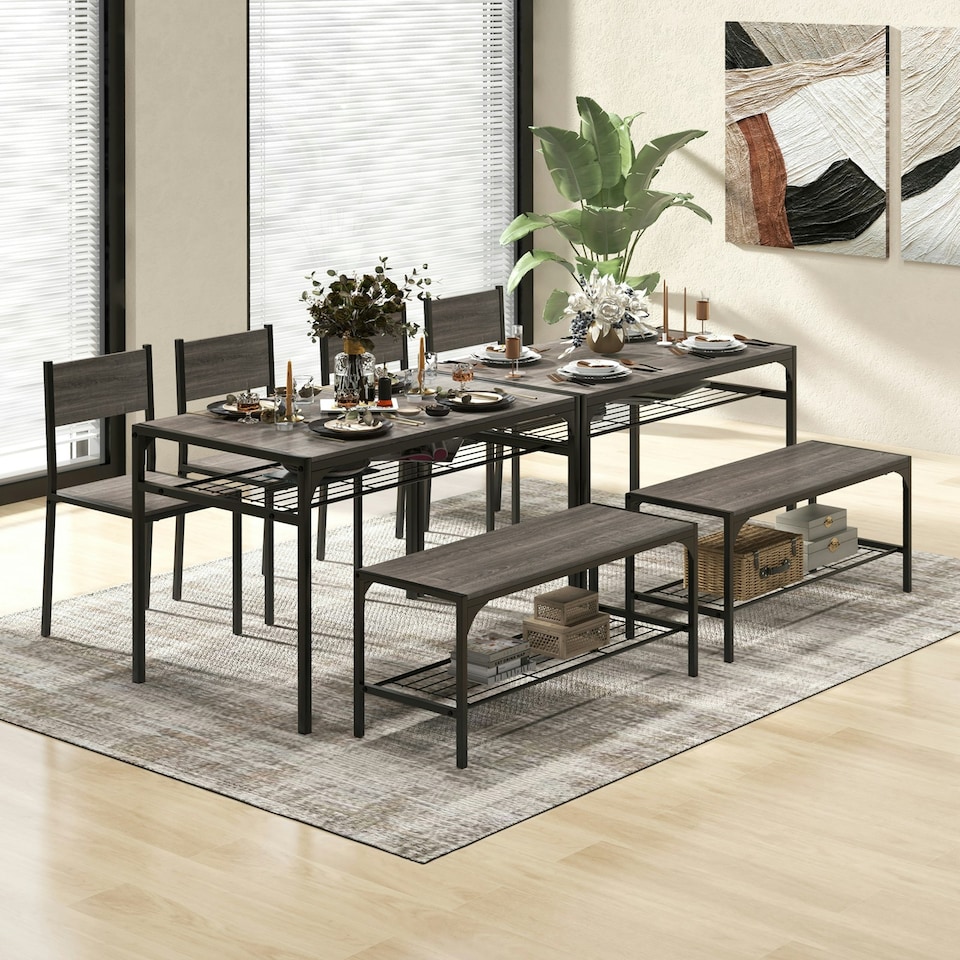 image 1 of COSTWAY 4-piece Dining Set Table with Chairs & Bench Grey Grey