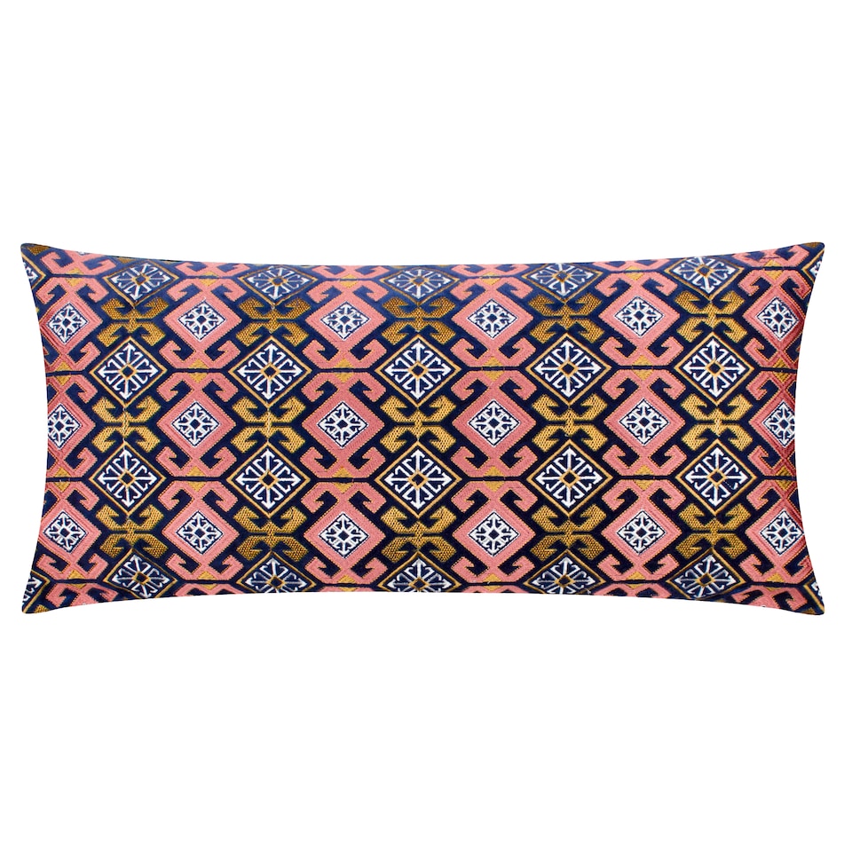 image 1 of Paoletti Embroidered Velvet Cushion, Rose/Blue, 30 x 60cm