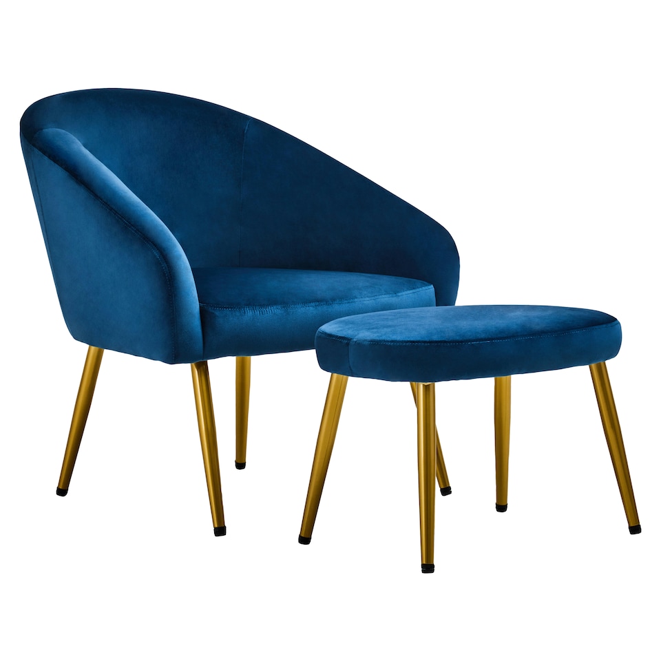 image 1 of Interiors by Premier Midnight Blue Velvet Chair with Gold Legs and Footstool, Contemporary Accent Chair with high Footstool
