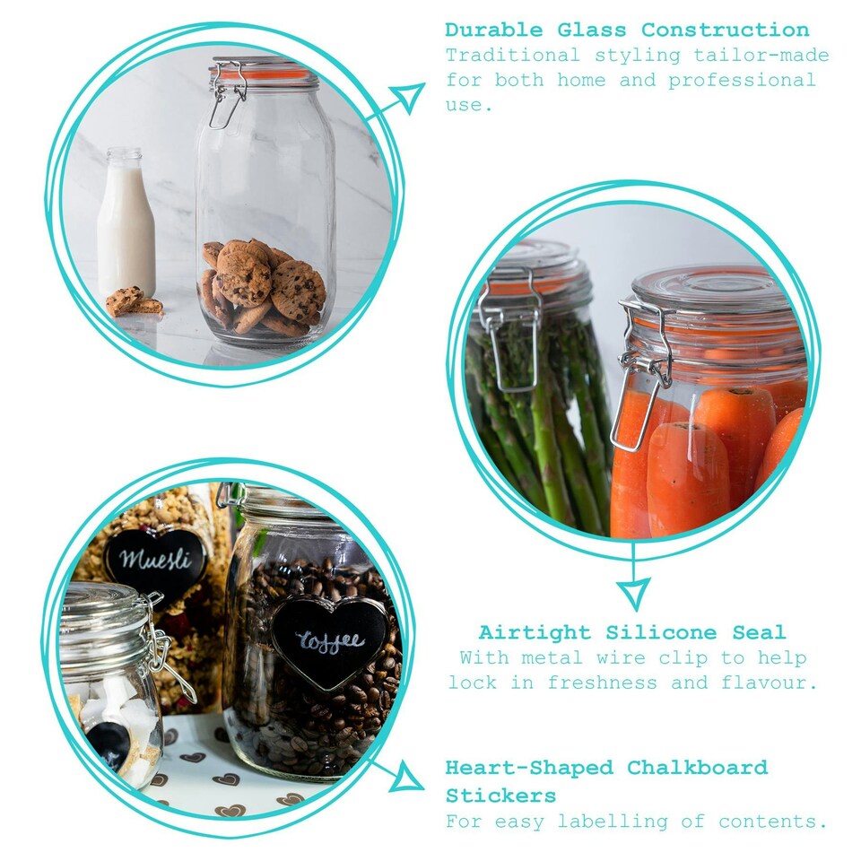 image 1 of Argon Tableware Glass Storage Jars with Heart Labels - 500ml - Clear - Pack of 6