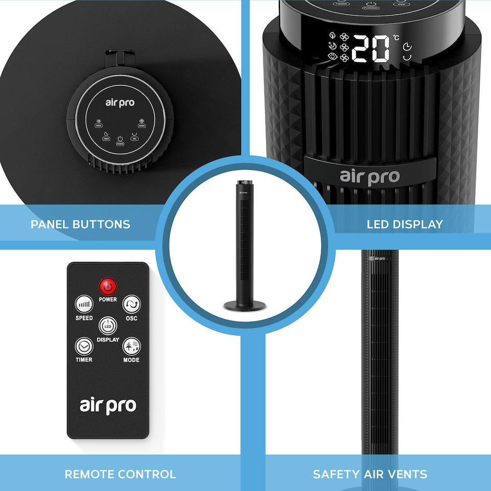 image 1 of Air Pro Smart 38" Tower Fan - Oscillating Bladeless Fan with Remote Control - Black
