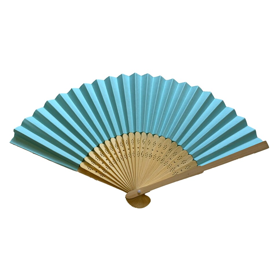 image 1 of Light Blue Paper Hand Held Bamboo and Wooden Fan
