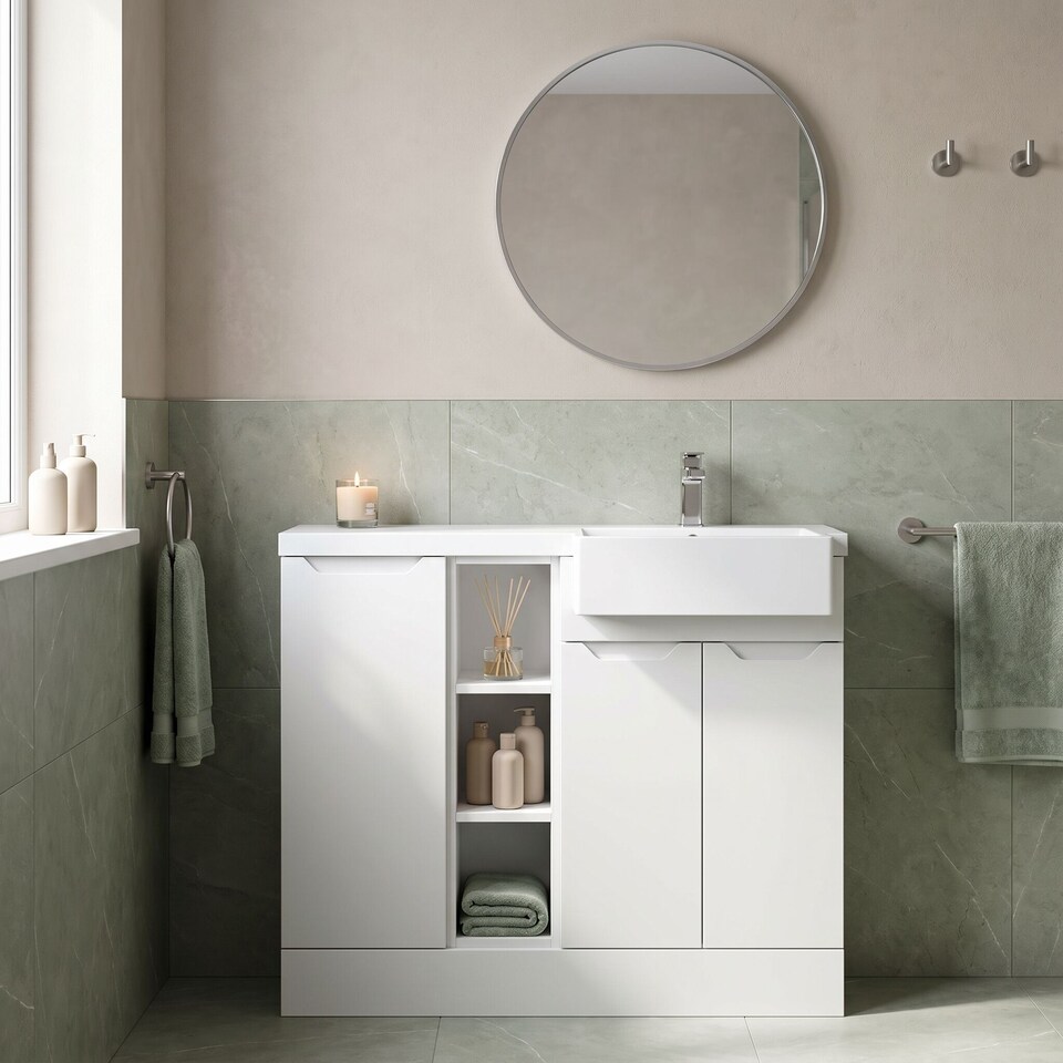 image 1 of Balterley Teddesley Floor Standing Compact 3 Door Combination Vanity Basin Unit with Open Shelves and Basin, 1000mm, Right Hand, Matt White