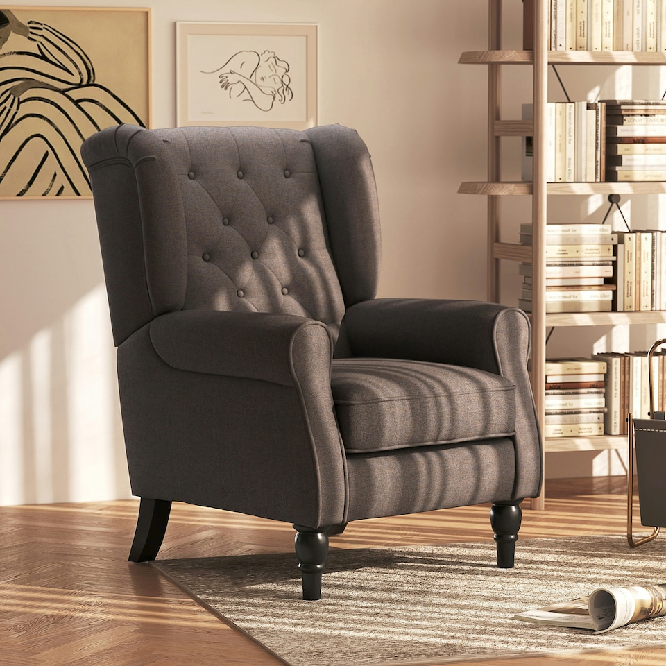 image 1 of HOMCOM Accent Chair Wingback Armchair Retro Tufted Club Wood Fabric, Brown