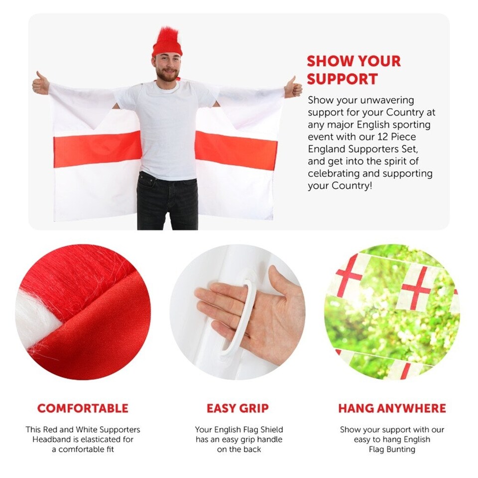 image 1 of Pack of 1 12 Piece England Set - Bunting, Flag Capes, Headbands, Hats & Inflatables Red | One Size