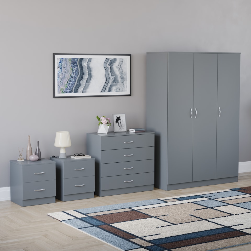 image 1 of Vida Designs Riano 4 Piece Bedroom Set (2 Drawer Bedside Chest, 4 Drawer Chest, 3 Door Wardrobe), Grey (6)