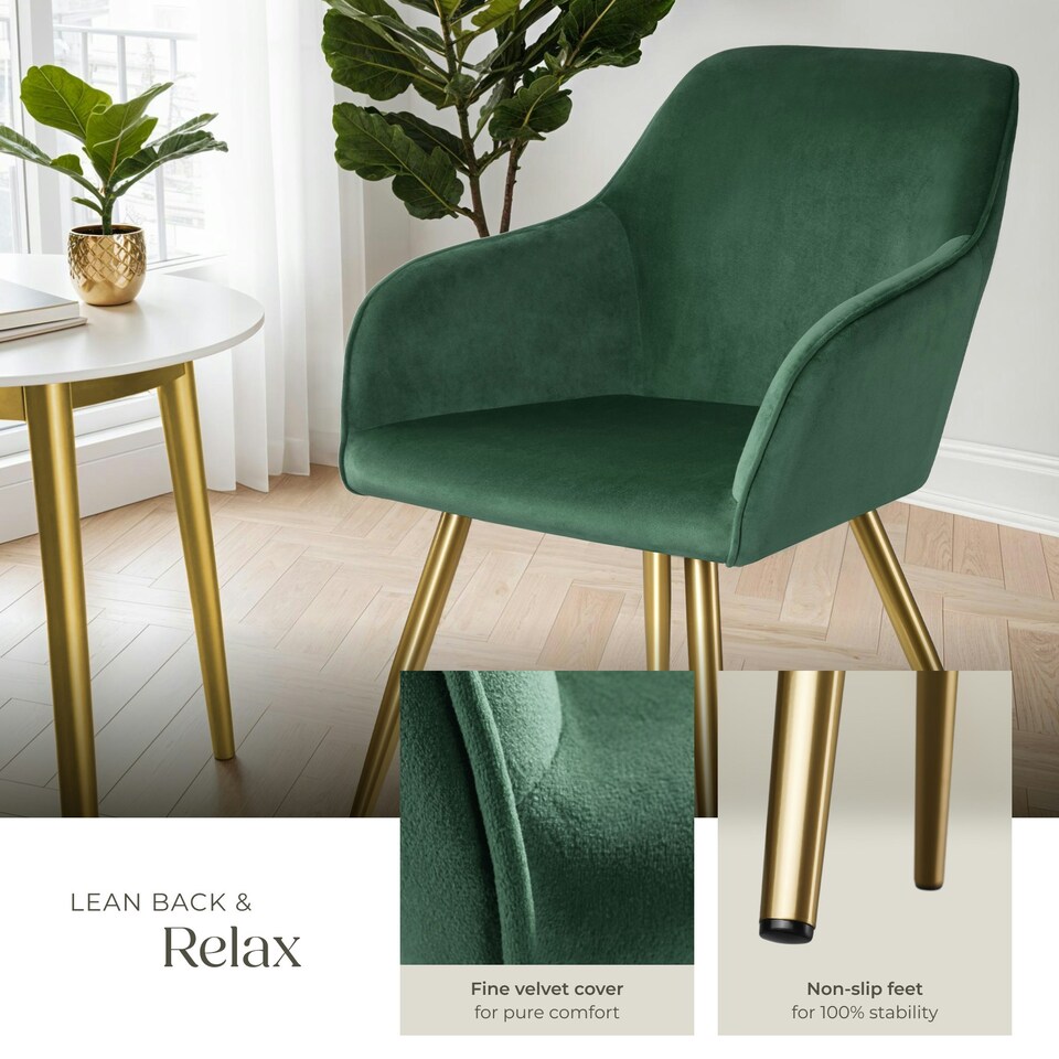 image 1 of Chair Marilyn - with armrests, padded, velvet look, golden steel legs - per piece Green | Dark Green/Gold