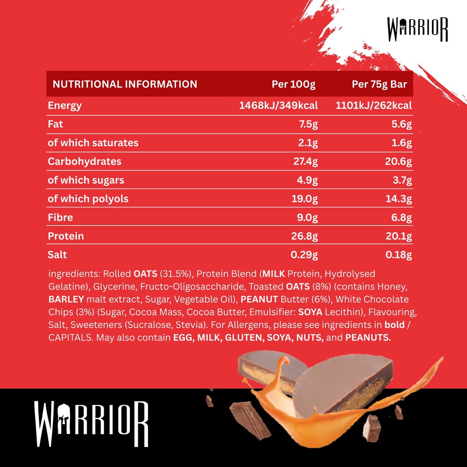 image 1 of Warrior RAW Protein Bars 12 x 75g – 20g High Protein Bar, Low Sugar High Fibre Oat Protein Flapjack – Protein Snacks, Meal Replacement Bars (Peanut Butter Cup)
