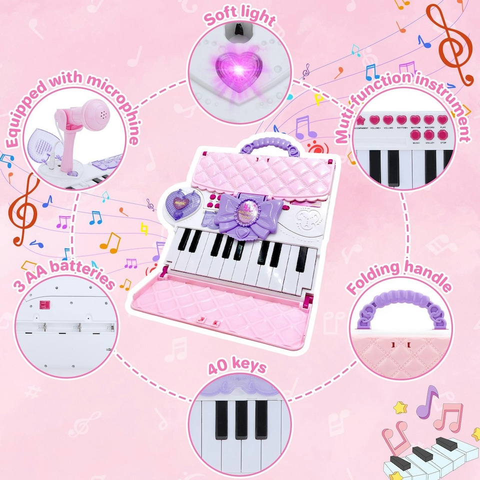 image 1 of 40-Key Folding Piano Keyboard Toy – Portable Electronic Music Toy with Lights & Sound (Pink)