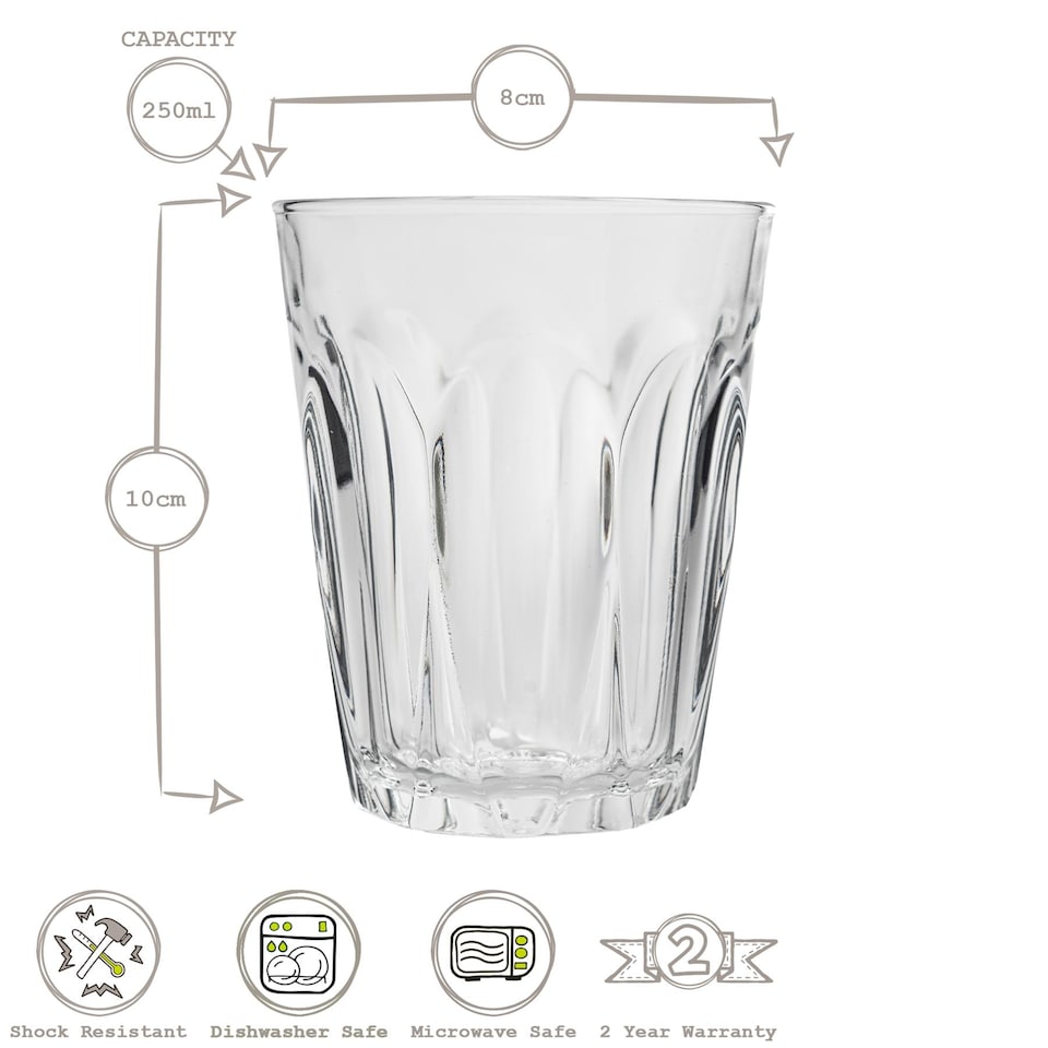 image 1 of Duralex Provence Drinking Glasses - 250ml Tumblers for Water, Juice - Pack of 6 | Clear | Clear