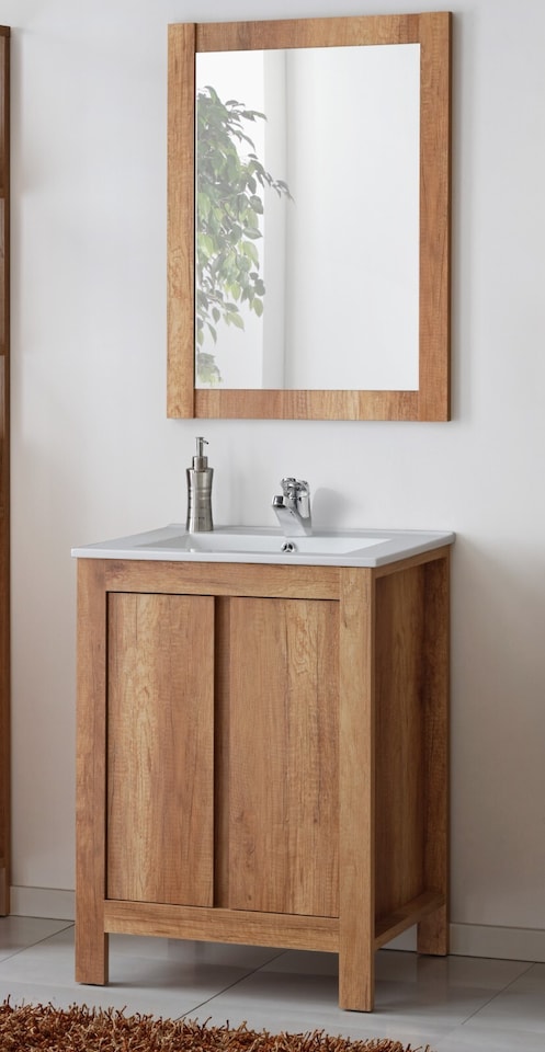 image 1 of Freestanding Bathroom Vanity Unit 600mm Sink Cabinet with Basin Oak Effect Storage Classic