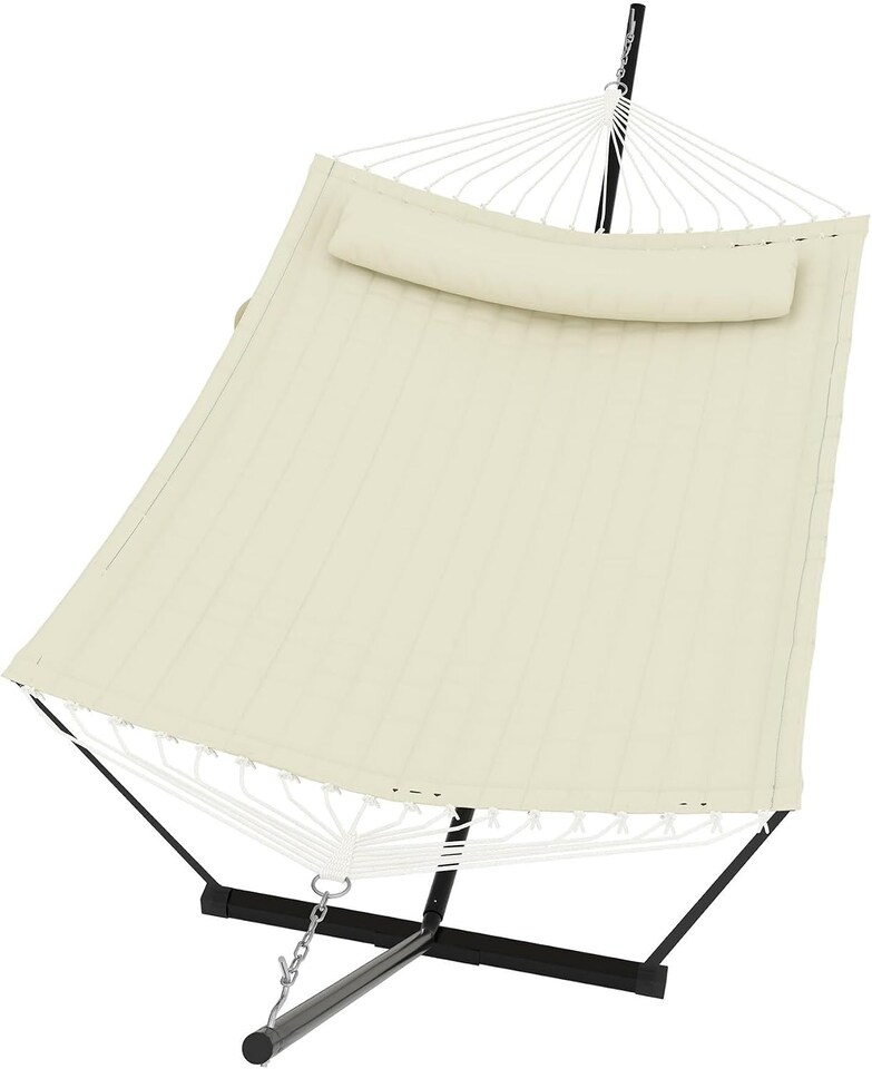 image 1 of London Boutique 12FT Double Hammock with Stand, Garden Hammock with Pillow and Balance Ropes, Beige