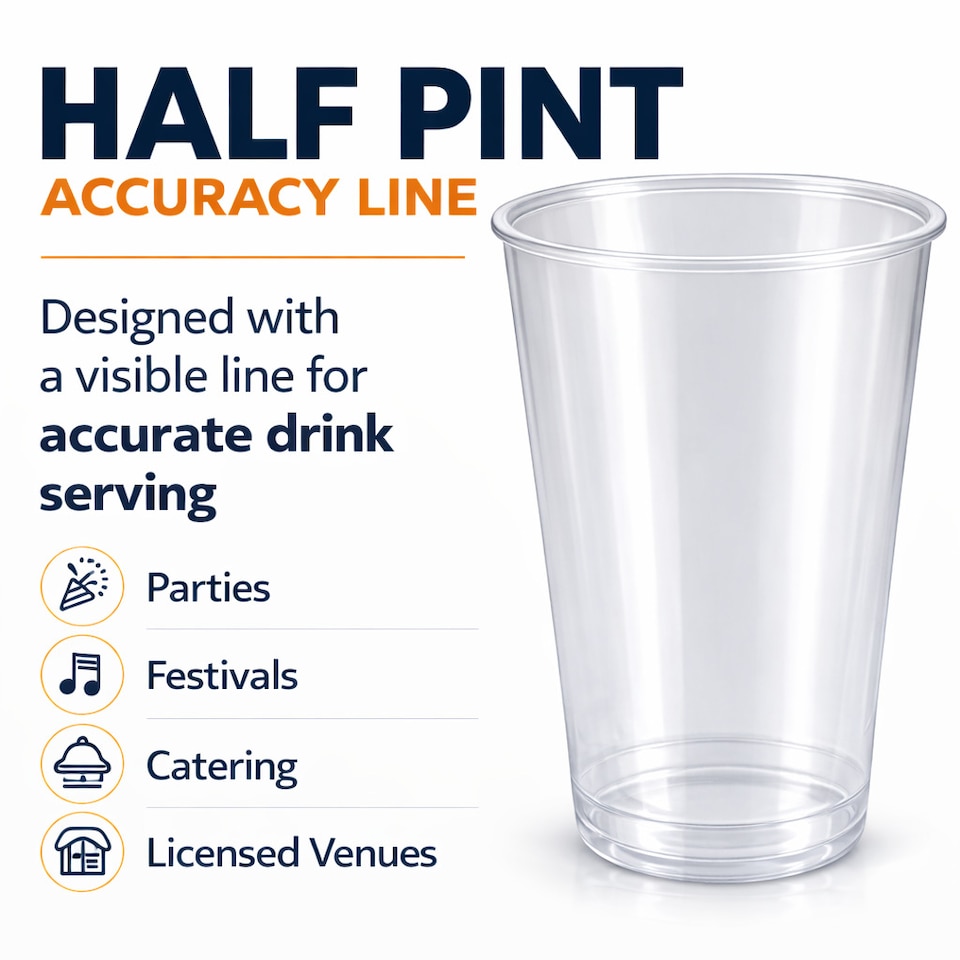 image 1 of Hero Disposable Half Pint Cups Polypropylene Tumblers Plastic Cups, Food Grade Cold Drink Cups with Rolled Rim, UKCA Marked, Lined Accurate Half Pint Measures, Recyclable Clear Party Cups | Clear | Clear | 50